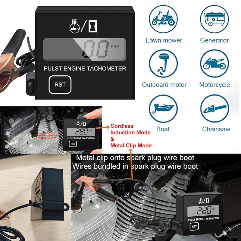 HTPREC Digital Engine Tachometer for Small Engine Pulse Tach Gauge Waterproof Inductive Tachometer RPM Tester for Gesture Lawn Mower RV ATV Dirt Bike Motocross Boat Tractor (10-15000RPM) - Image 2